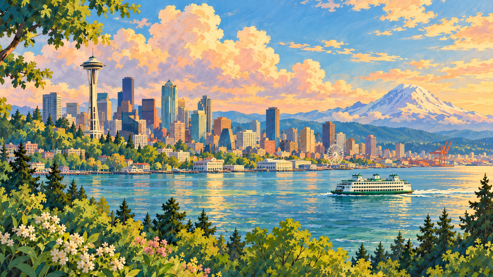 A hand-painted anime-inspired Seattle skyline at sunset, with the Space Needle, Mount Rainier and a ferry crossing Elliott Bay.